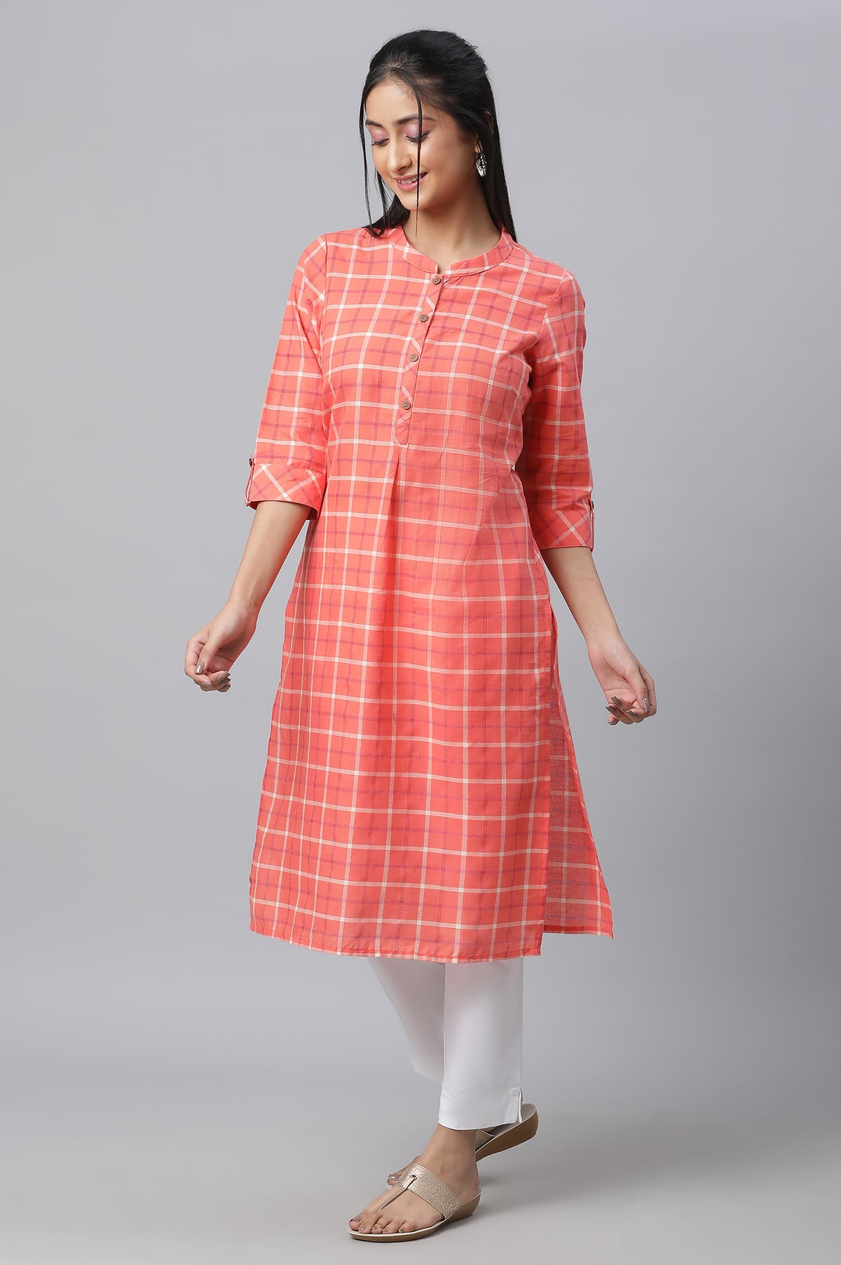 Orange Checkered Casual kurta - XS
