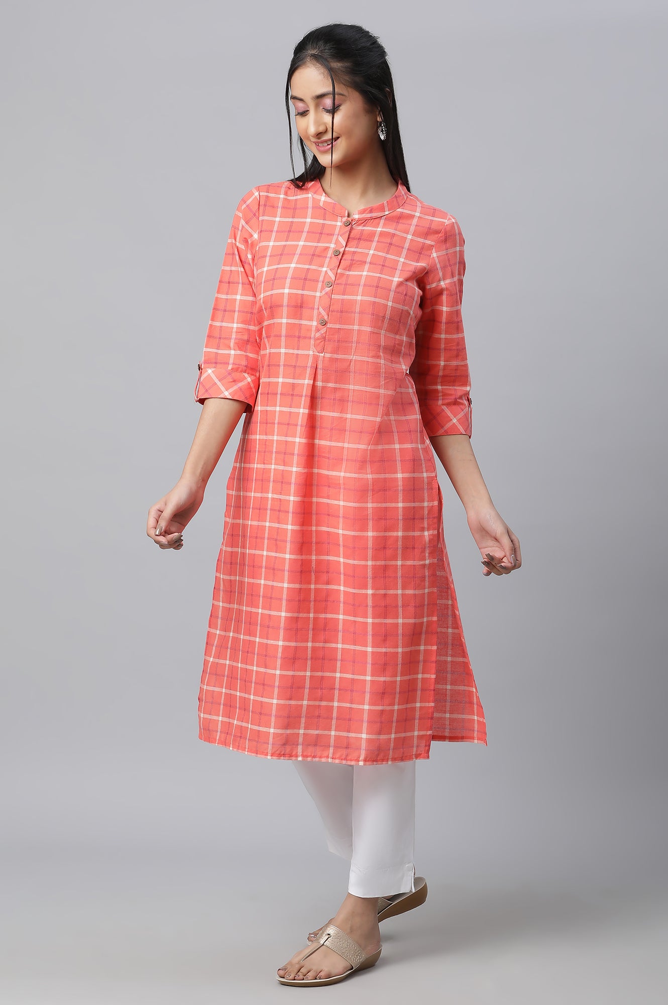 Orange Checkered Casual kurta