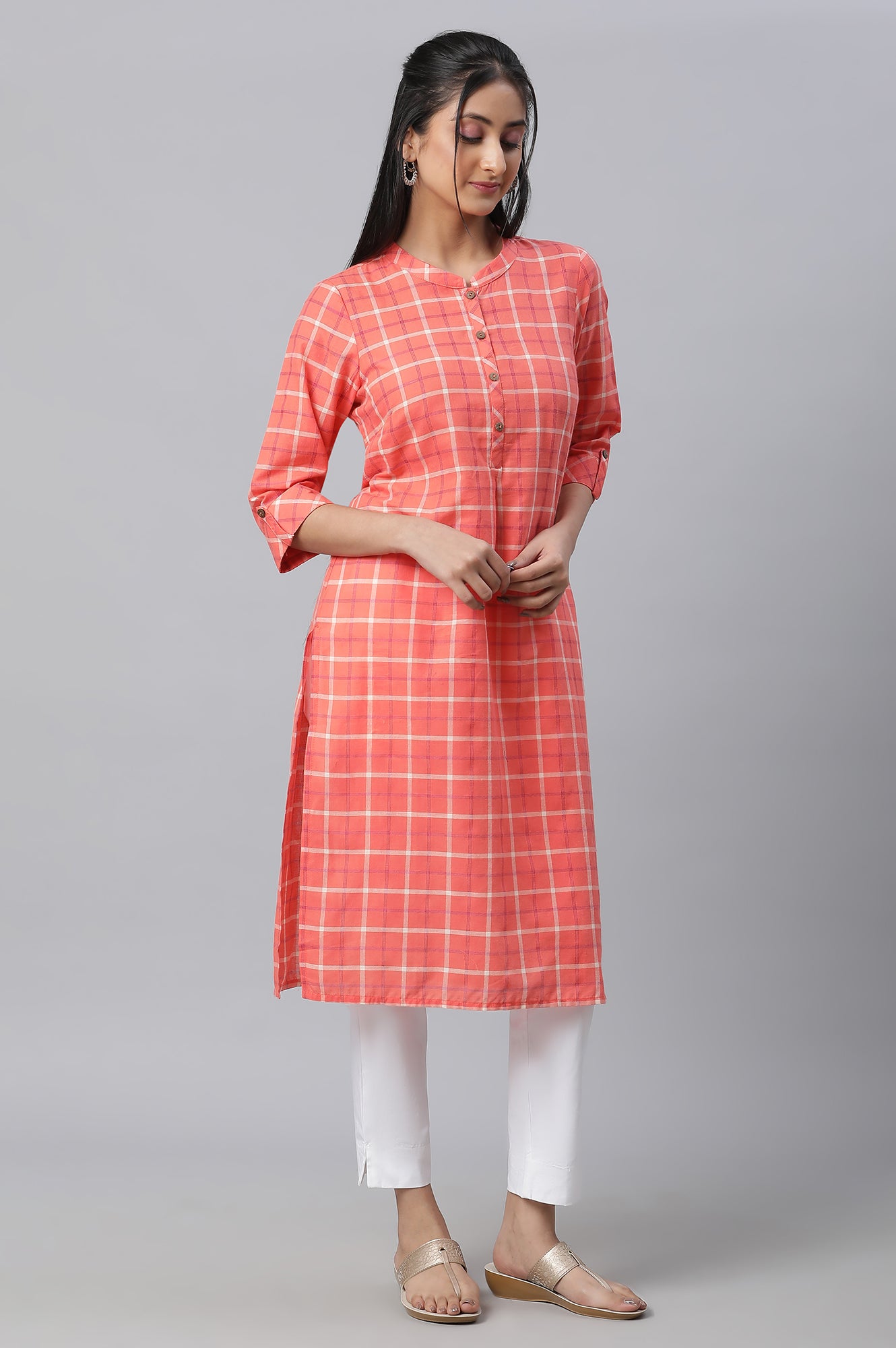 Orange Checkered Casual kurta