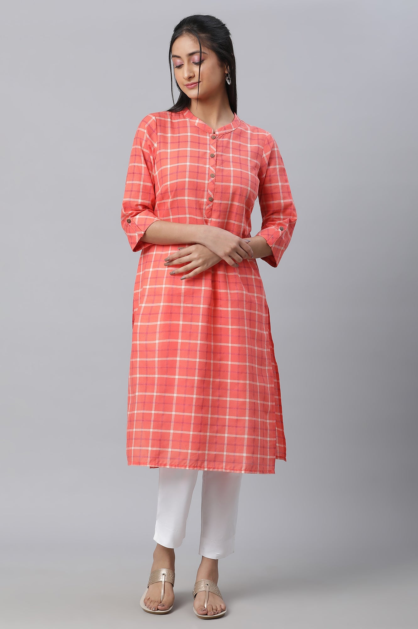 Orange Checkered Casual kurta