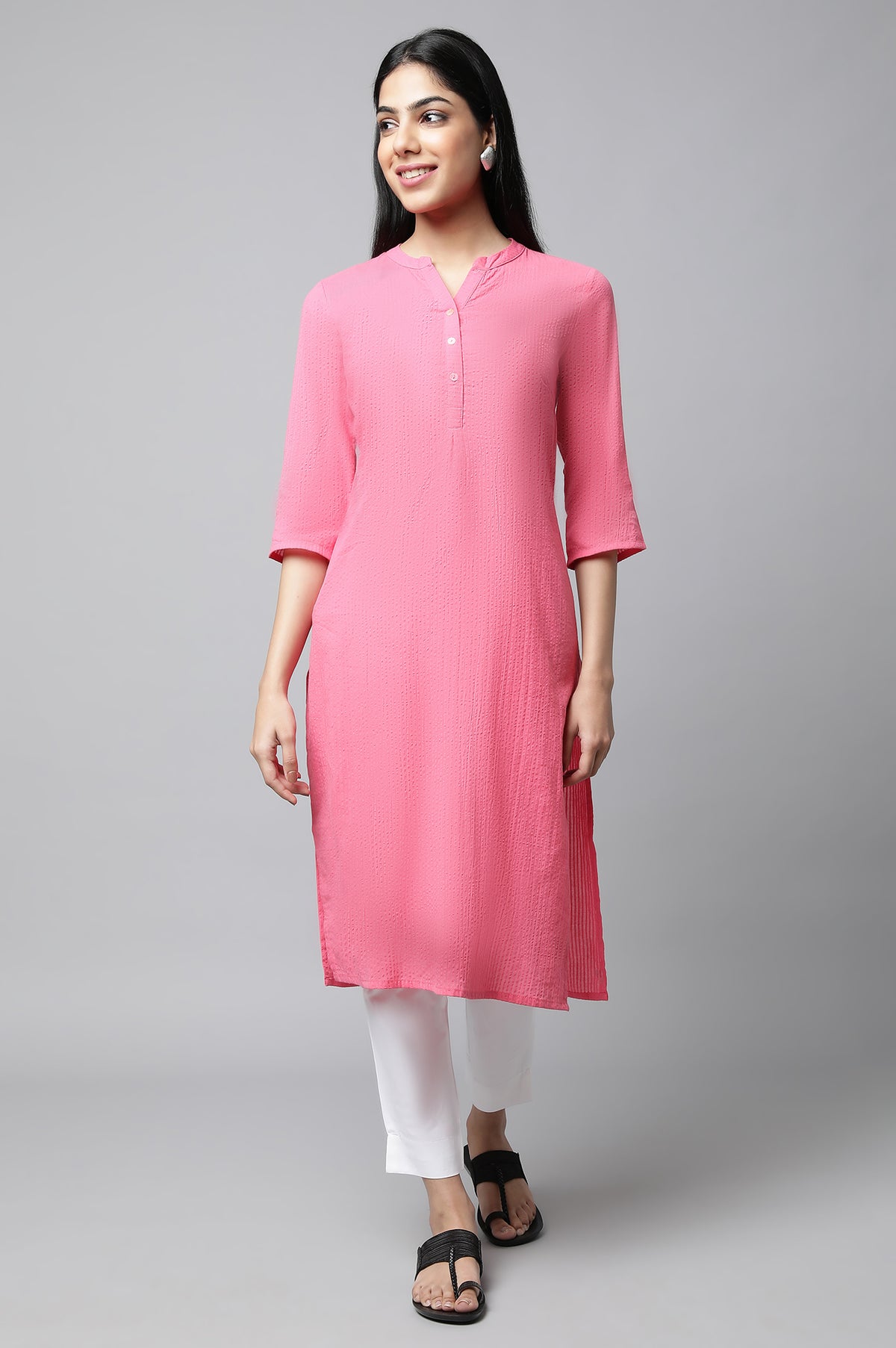 Pink Sheer Sucker Summer Basic kurta - XS