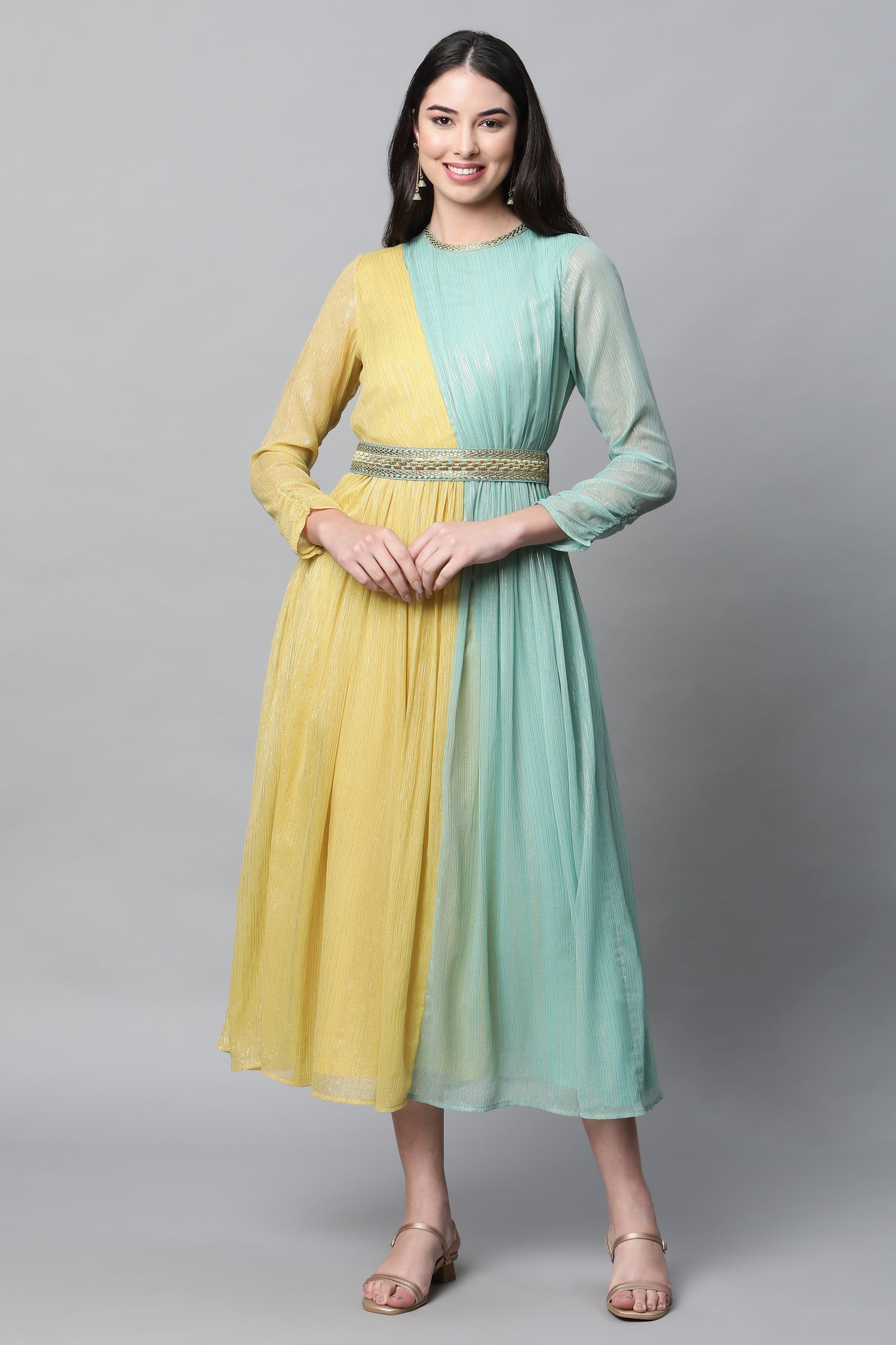 Blue And Yellow Floor Length Festive Dress With Belt