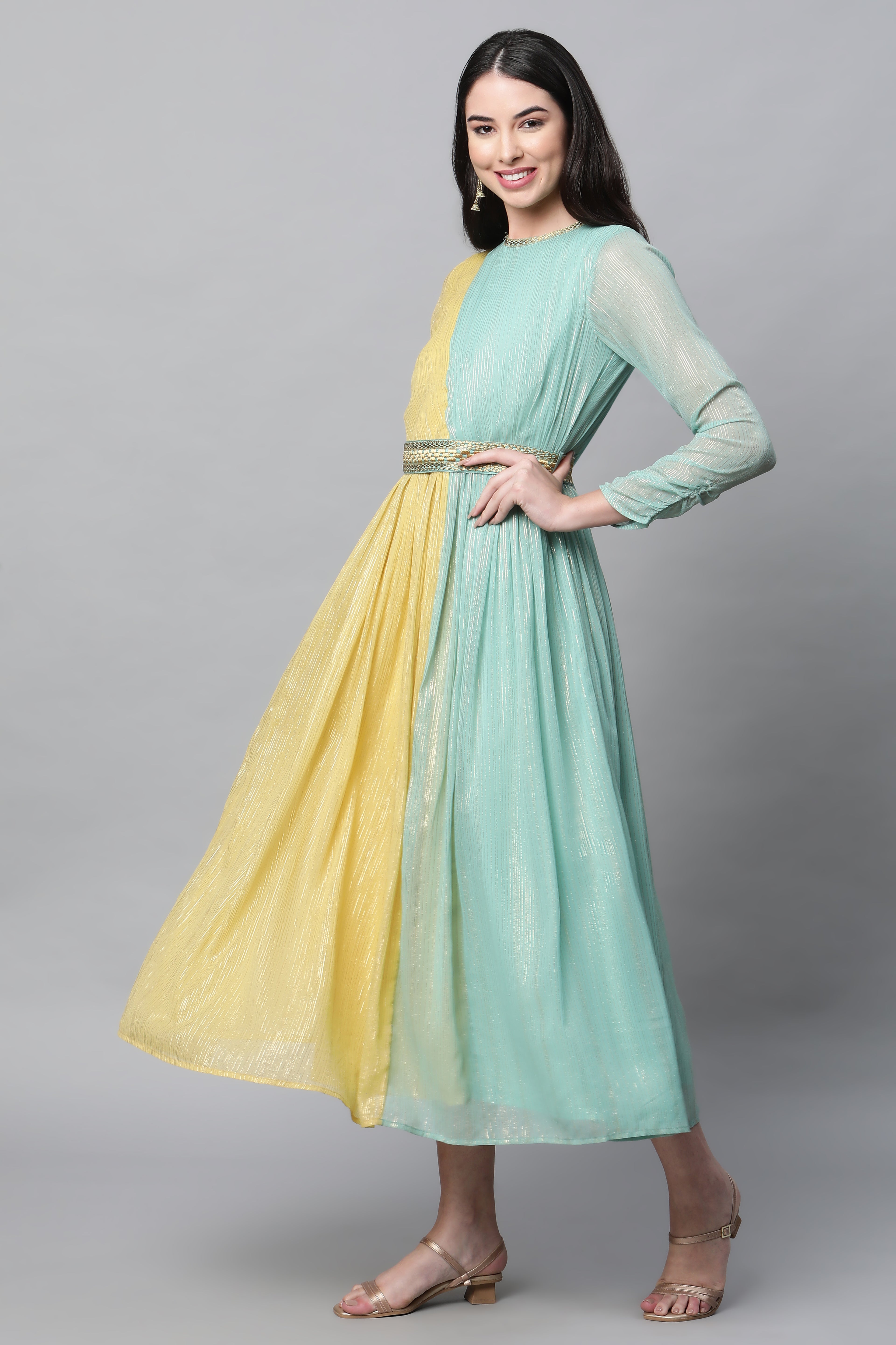 Blue And Yellow Floor Length Festive Dress With Belt