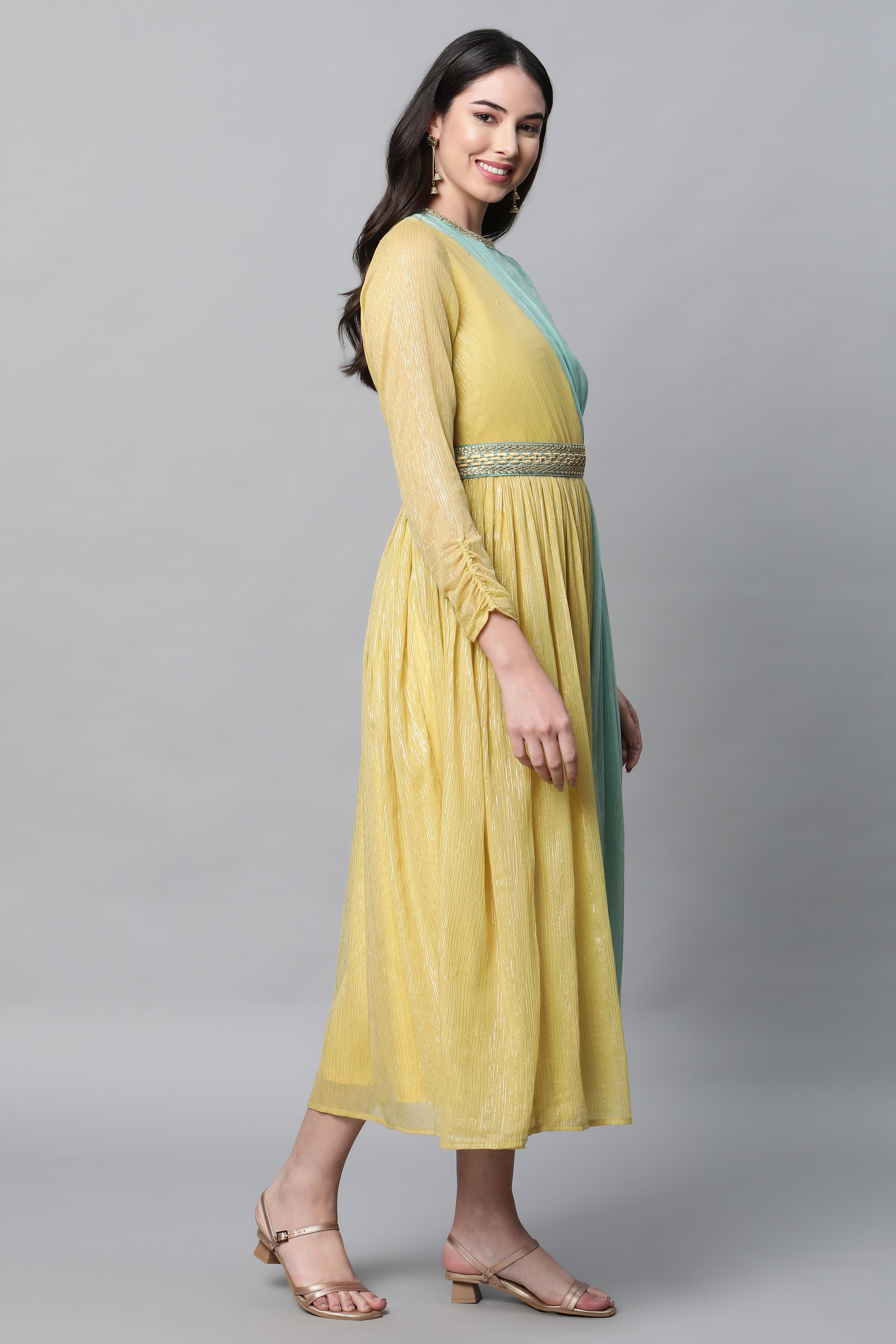 Blue And Yellow Floor Length Festive Dress With Belt