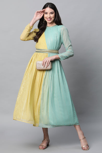 Blue And Yellow Floor Length Festive Dress With Belt