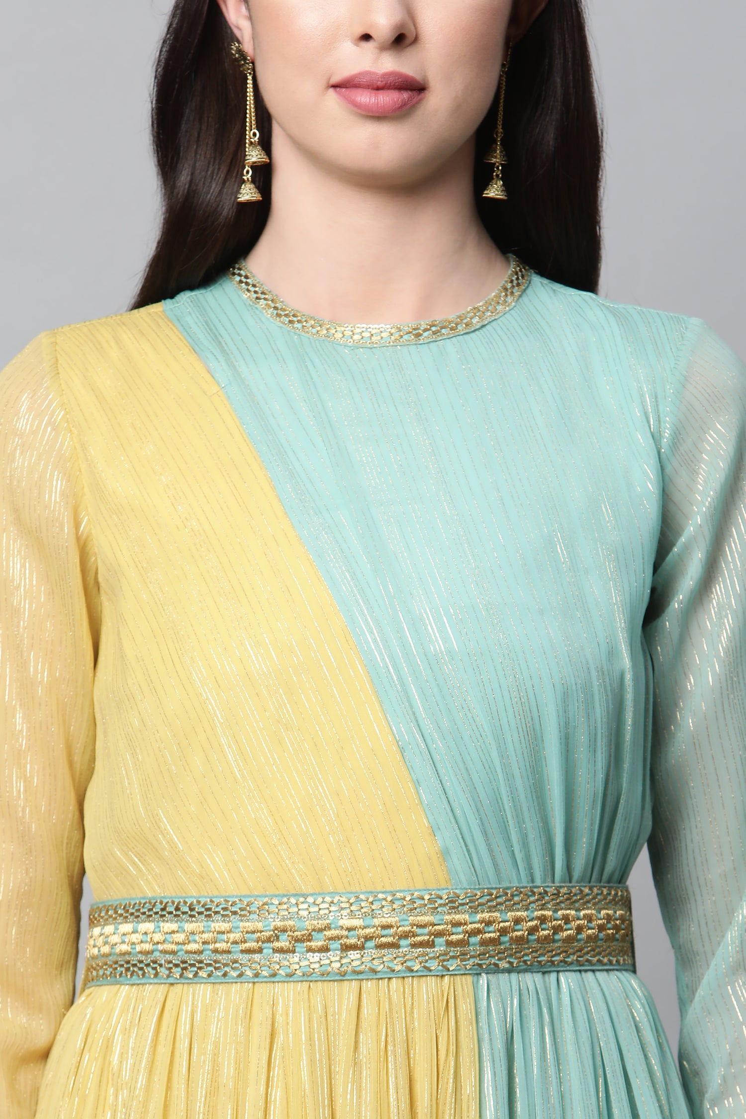 Buy Blue And Yellow Floor Length Festive Dress With Belt Online for Woman