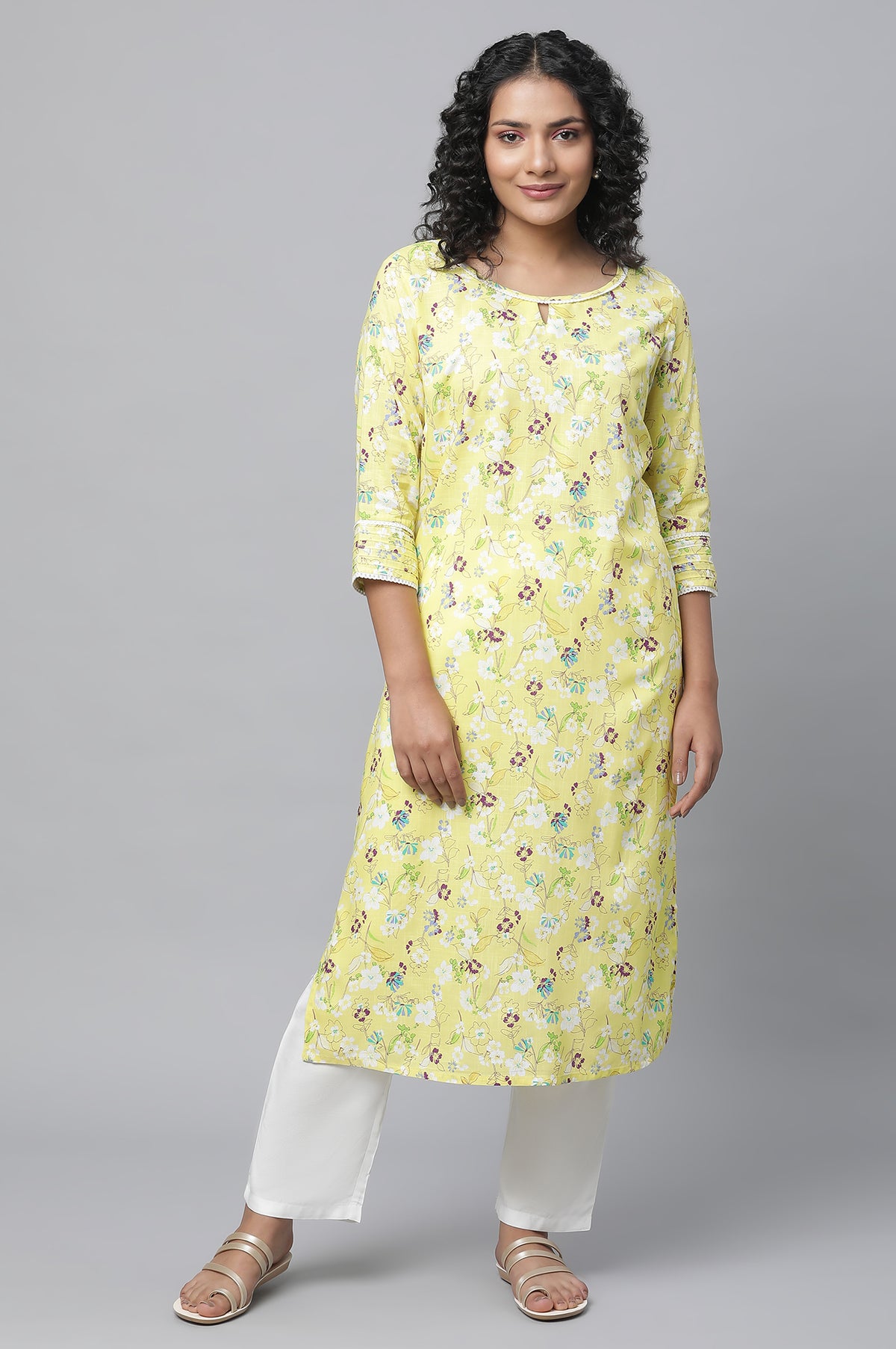 Yellow Floral Printed Casual kurta - XS