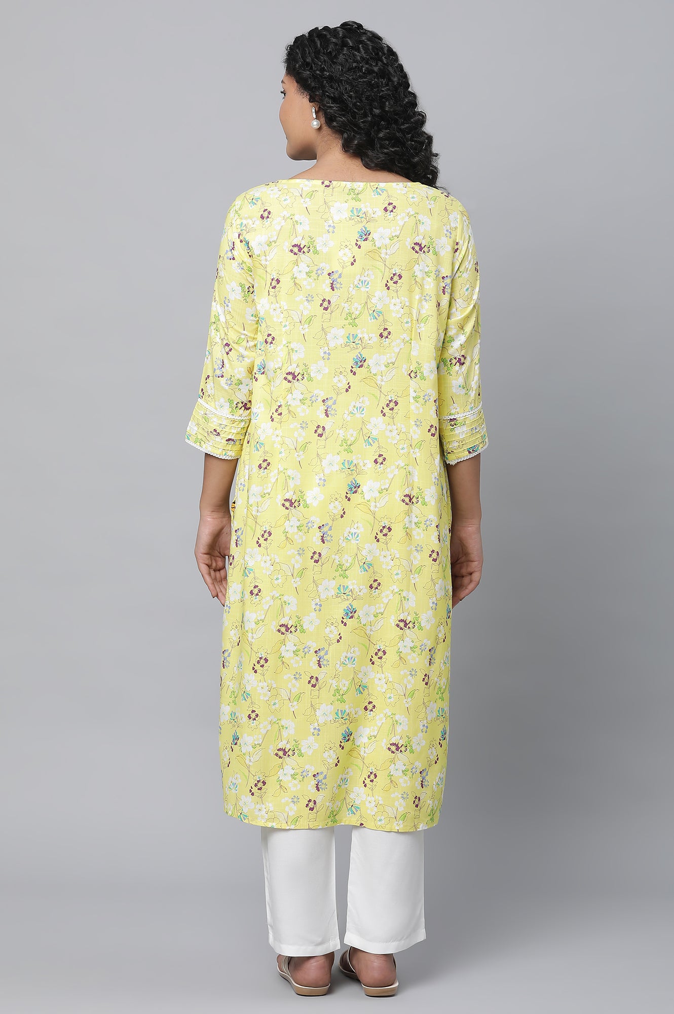 Yellow Floral Printed Casual Kurta