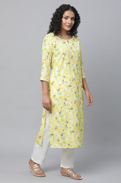 Yellow Floral Printed Casual Kurta