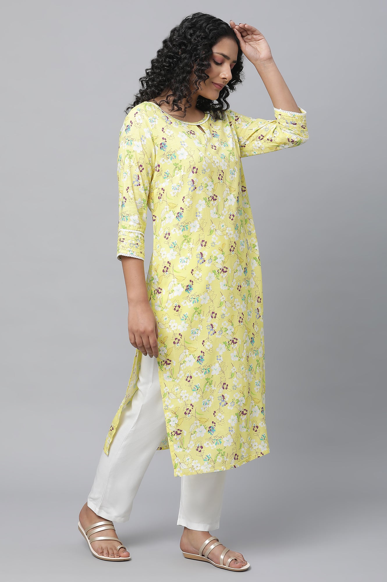 Yellow Floral Printed Casual kurta