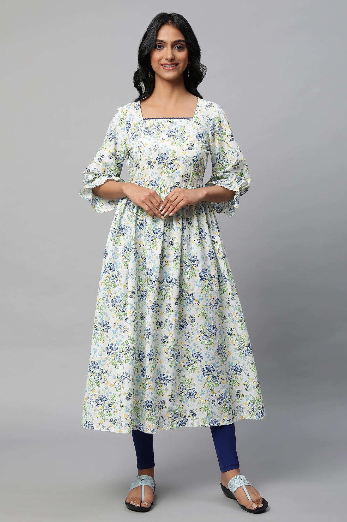 Blue Floral Printed A-Line kurta