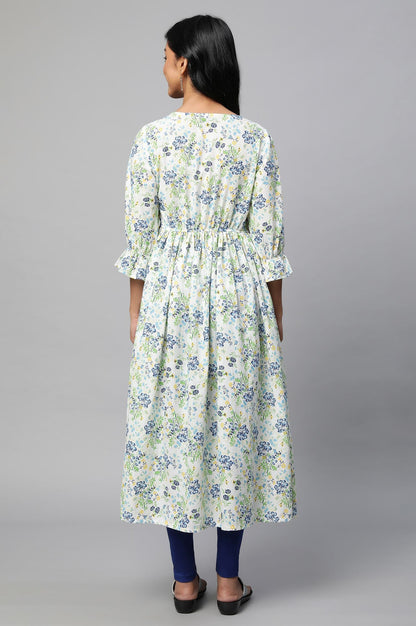 Blue Floral Printed A-Line kurta