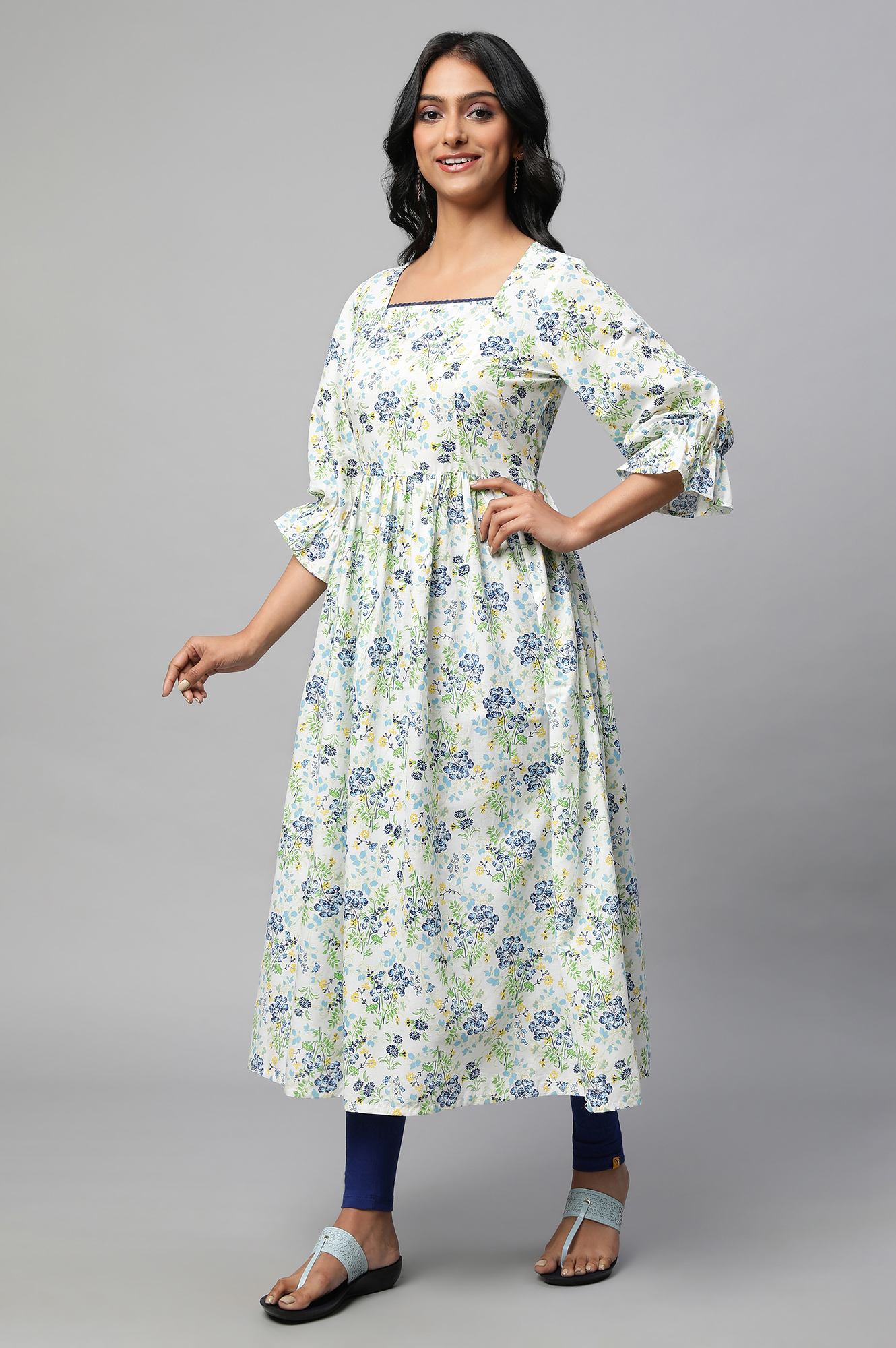 Blue Floral Printed A-Line kurta