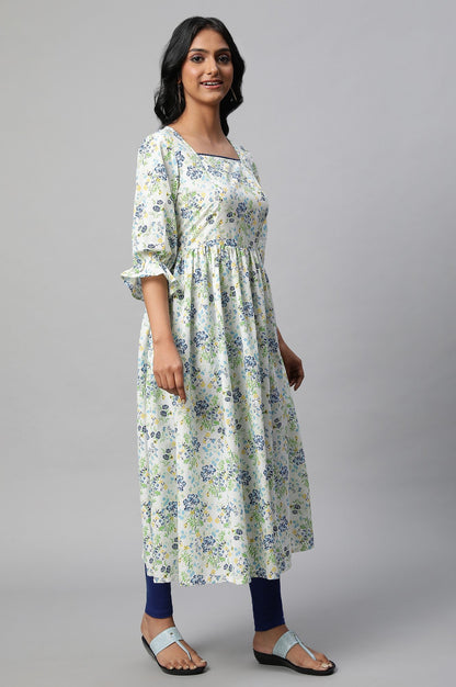 Blue Floral Printed A-Line kurta