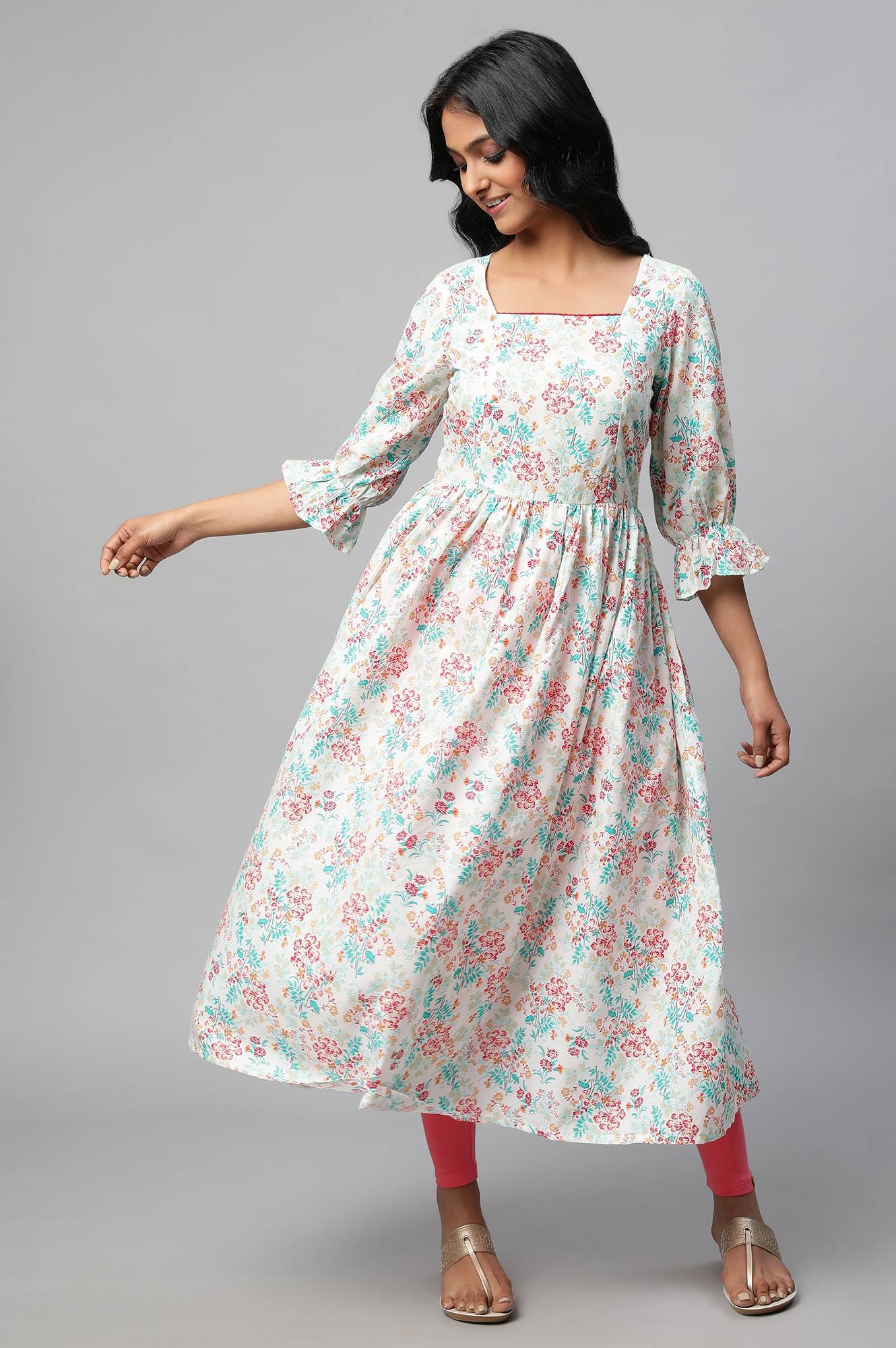 Peach Floral Printed A Line kurta