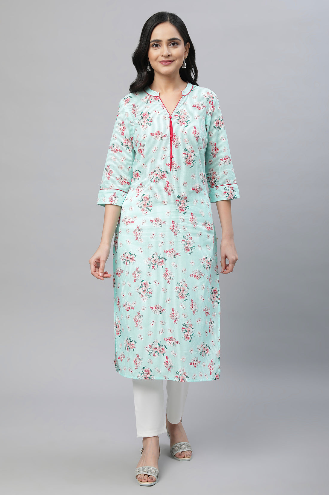 Mint Green Floral Straight Cotton Kurta