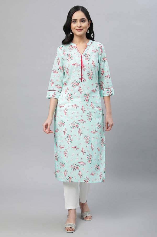 Mint Green Floral Straight Cotton Kurta