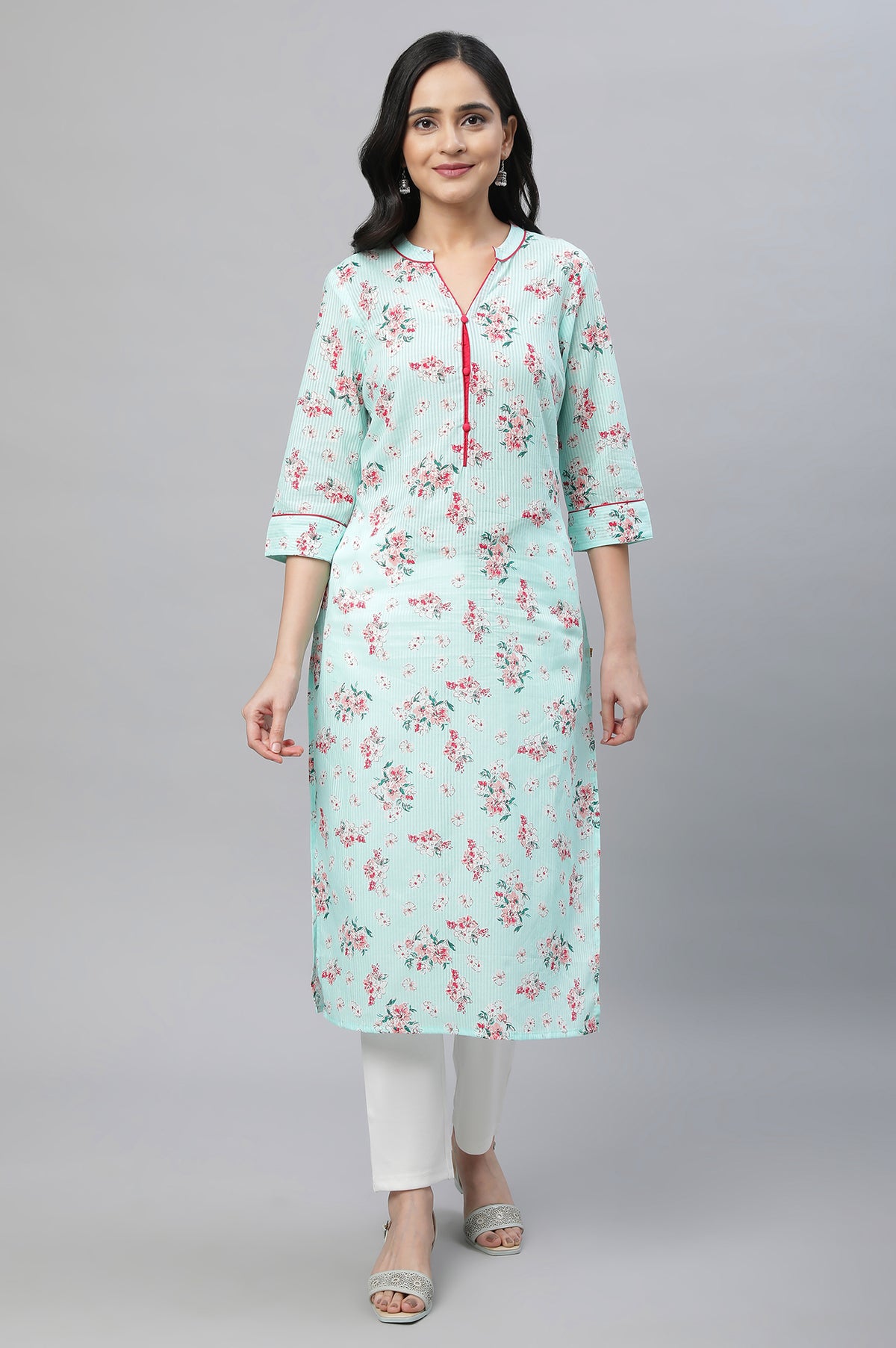 Green Floral Printed Cotton Kurta - XS