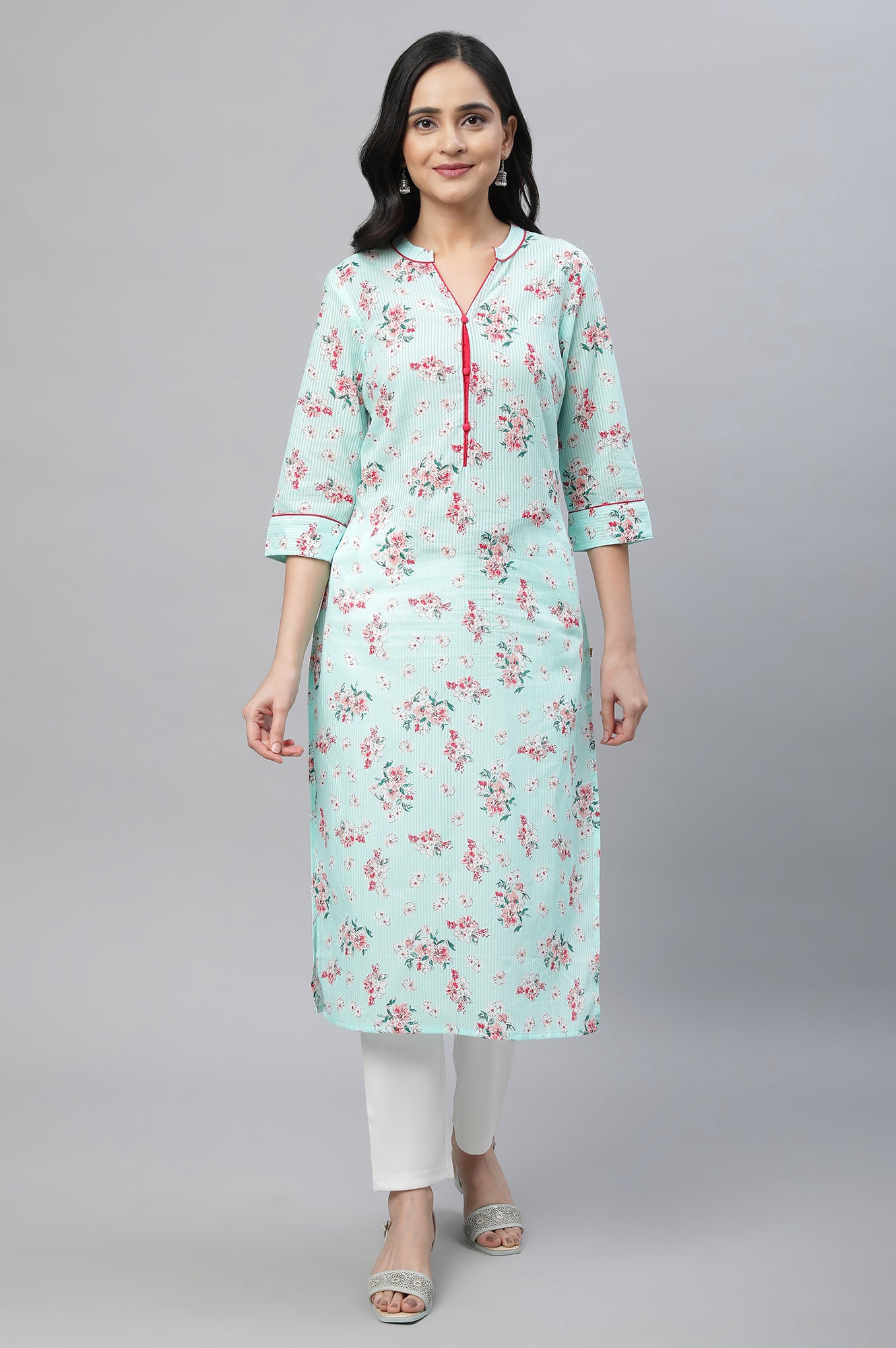 Green Floral Printed Cotton Kurta