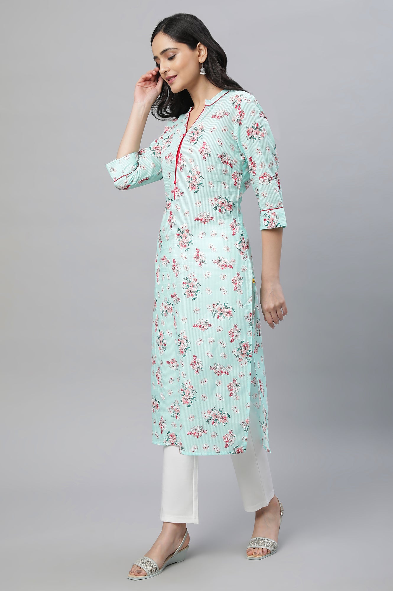 Green Floral Printed Cotton Kurta