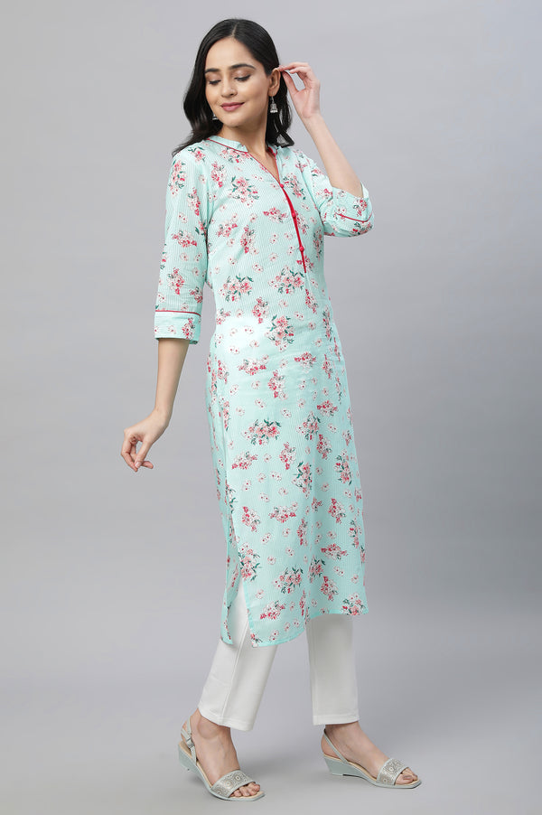 Mint Green Floral Straight Cotton Kurta