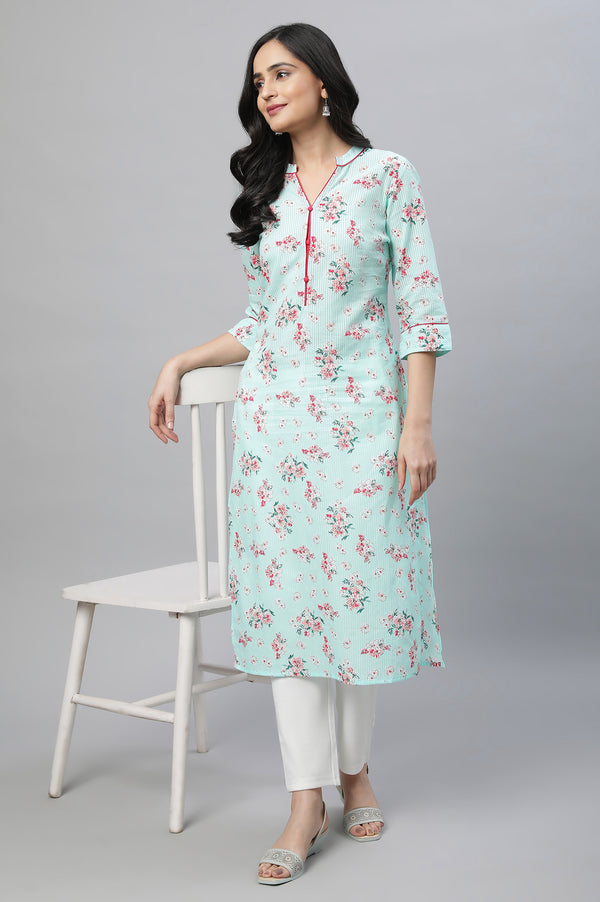 Mint Green Floral Straight Cotton Kurta