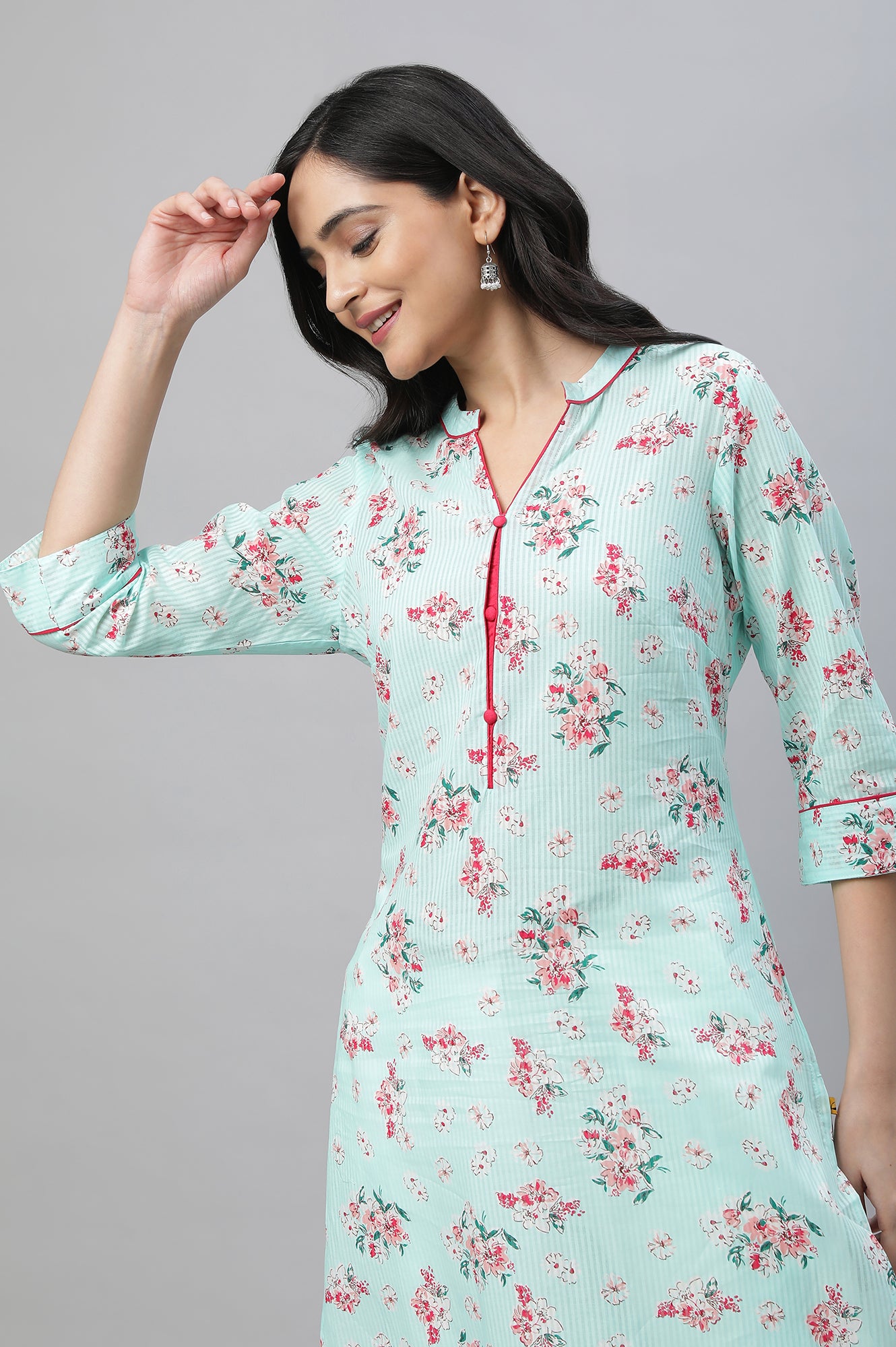 Green Floral Printed Cotton Kurta