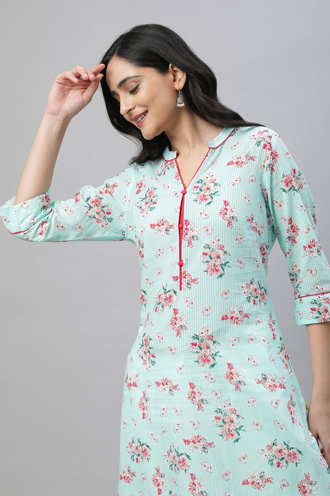 Mint Green Floral Straight Cotton Kurta