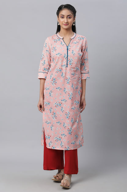 Peach Floral Printed Cotton kurta