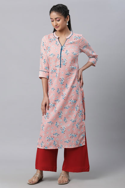 Peach Floral Printed Cotton kurta