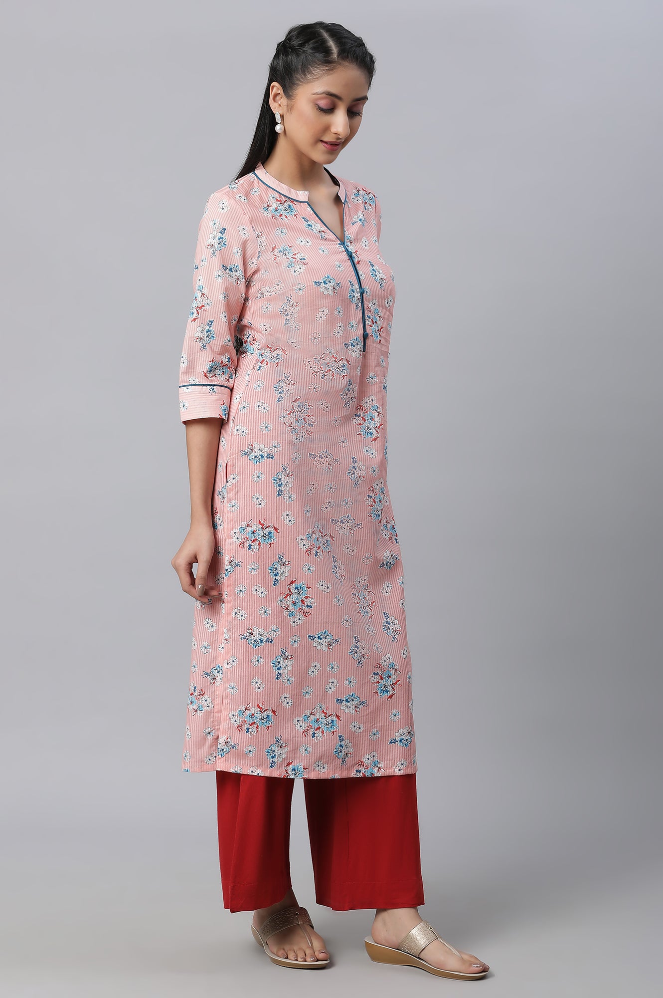 Peach Floral Printed Cotton kurta