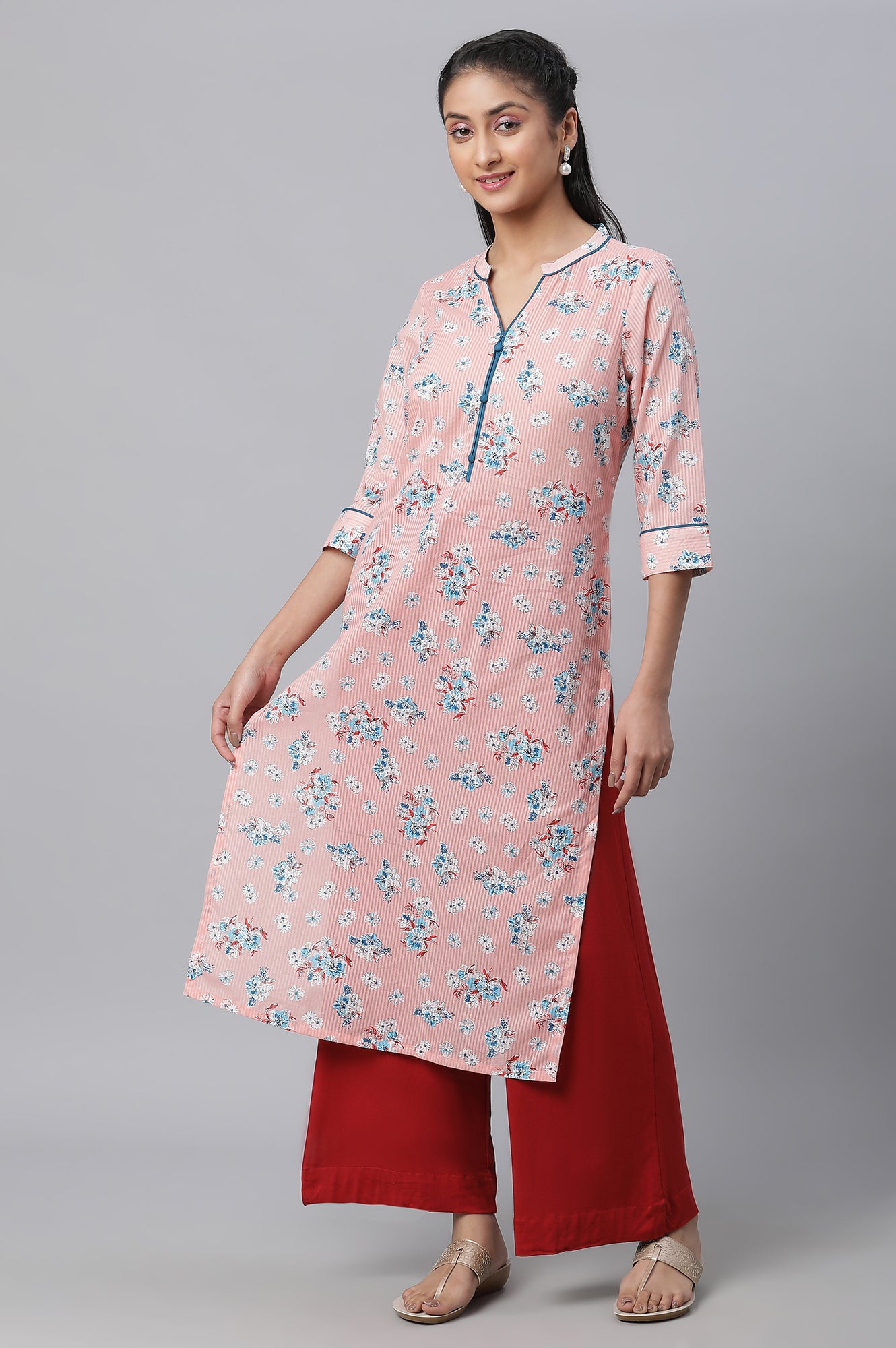 Peach Floral Printed Cotton kurta