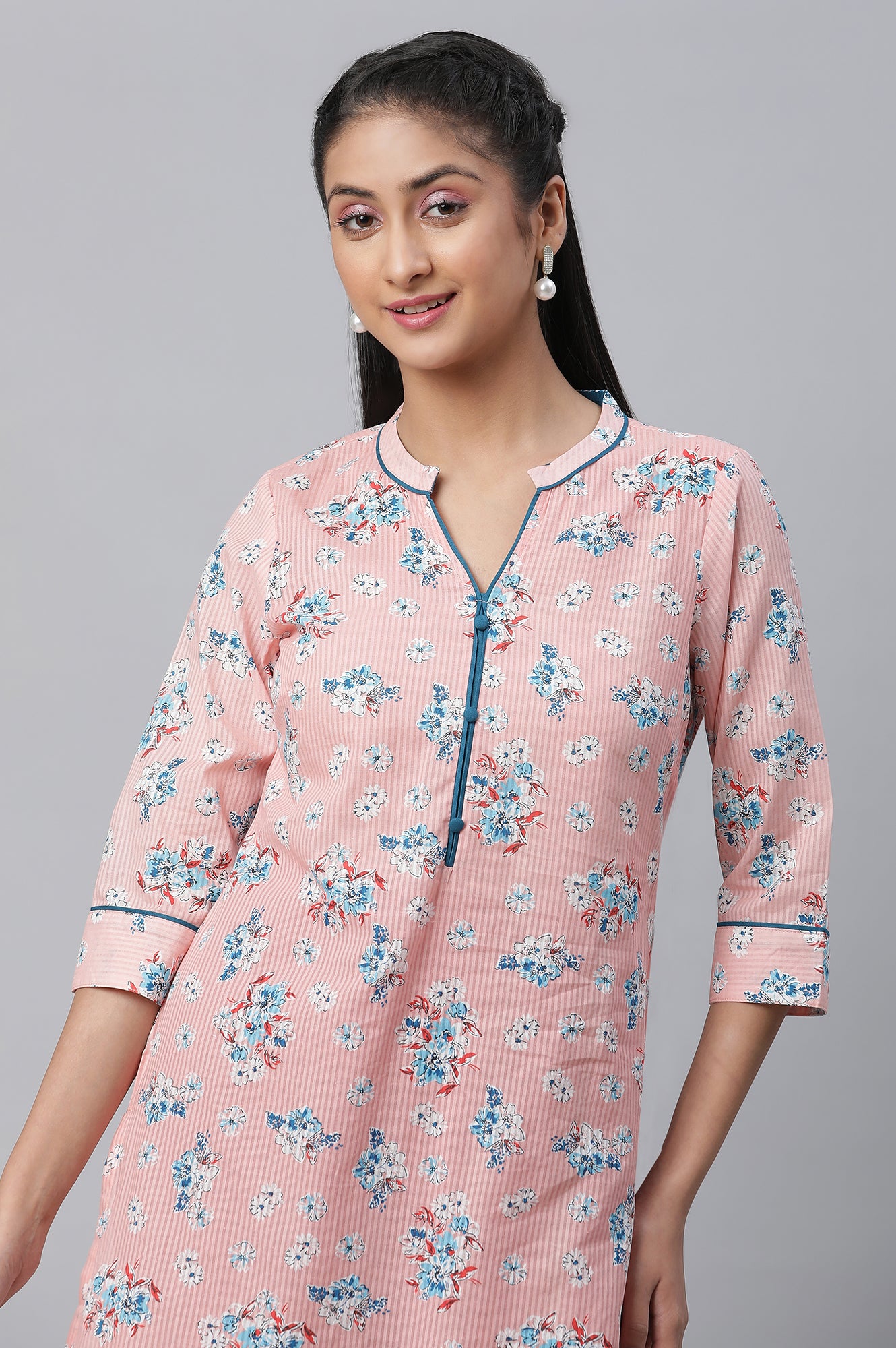 Peach Floral Printed Cotton kurta