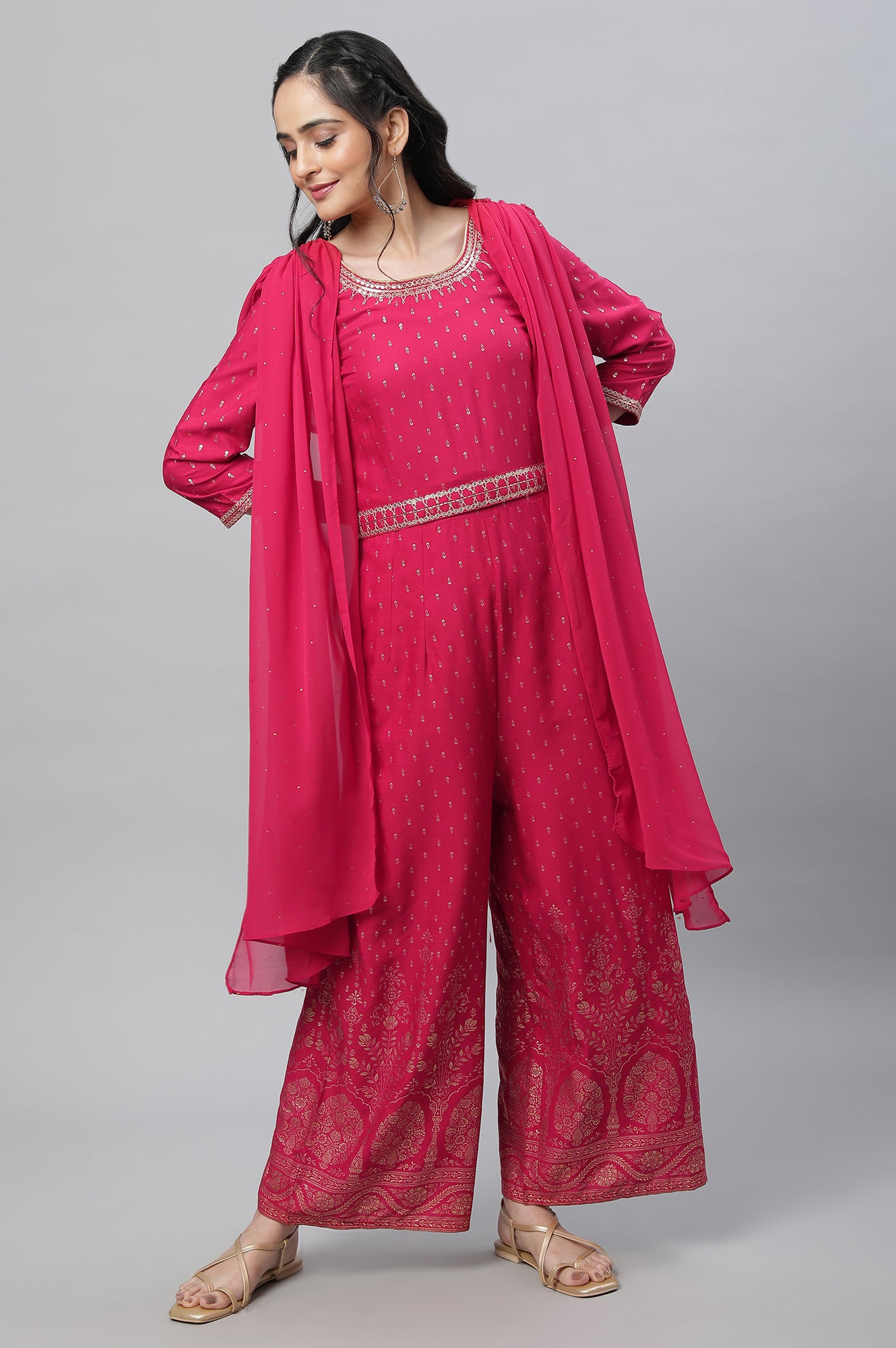 Pink Zari Embroodered Festive Jumpsuit