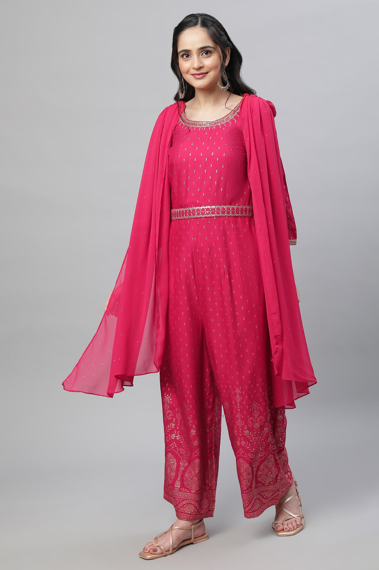 Pink Zari Embroodered Festive Jumpsuit