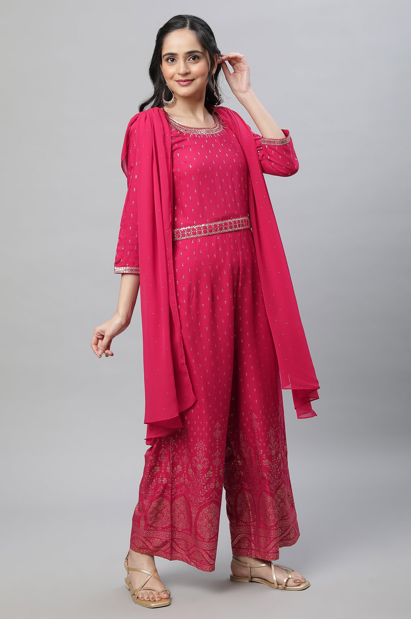 Pink Zari Embroodered Festive Jumpsuit