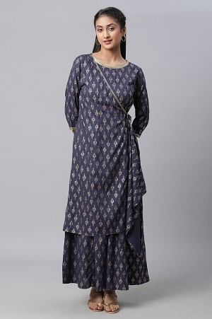Dark Grey Foil Printed Angrakha Jumpsuit - XS