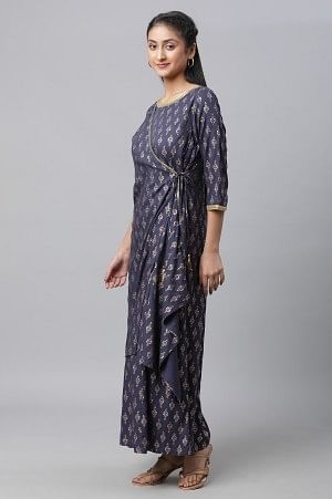 Dark Grey Foil Printed Angrakha Jumpsuit