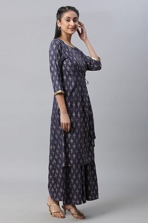 Dark Grey Foil Printed Angrakha Jumpsuit