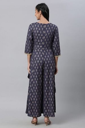 Dark Grey Foil Printed Angrakha Jumpsuit