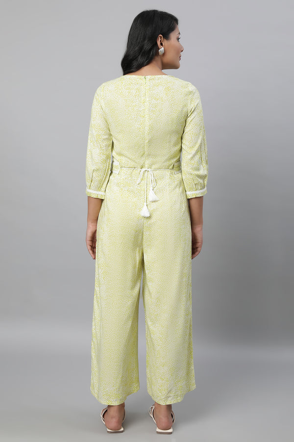 Green Floral Print Summer Jumpsuit With Belt