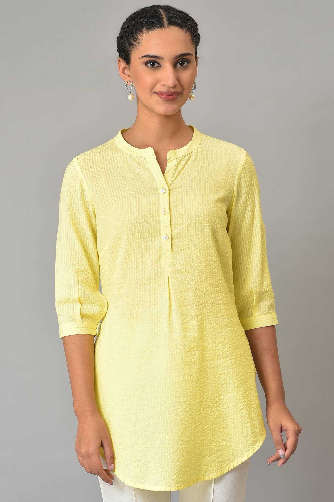 Yellow Sheer Sucker Mandarin Collar kurta