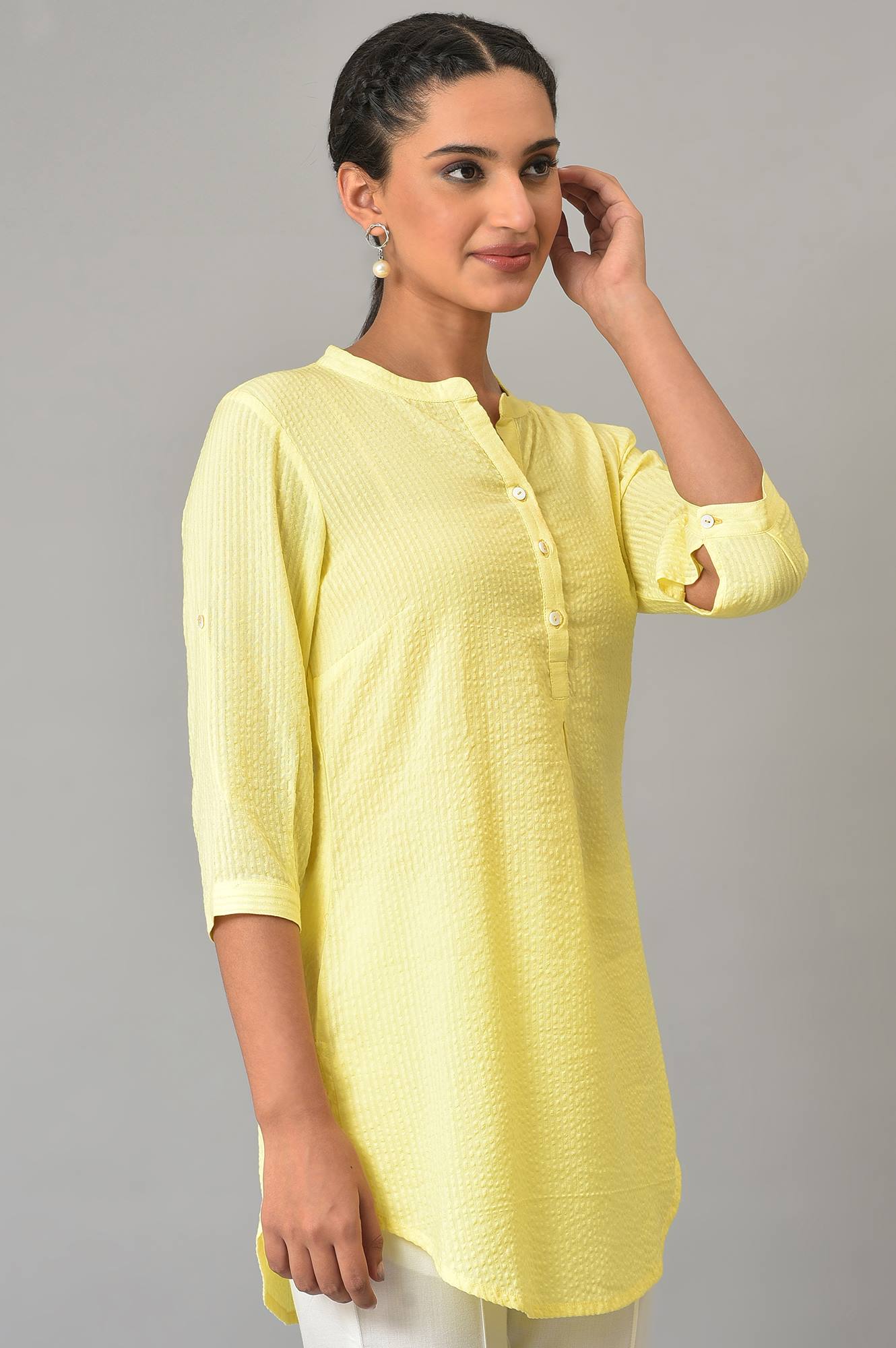 Yellow Sheer Sucker Mandarin Collar kurta