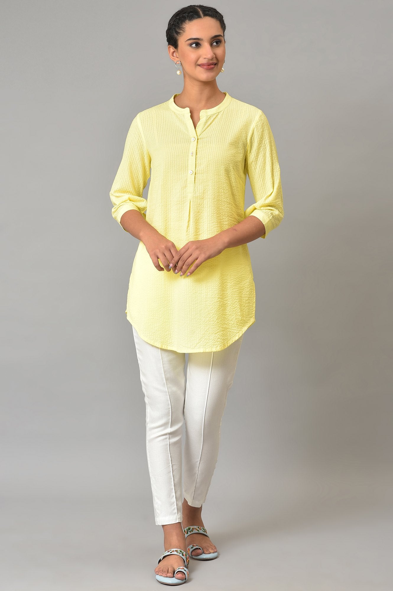 Yellow Sheer Sucker Mandarin Collar kurta