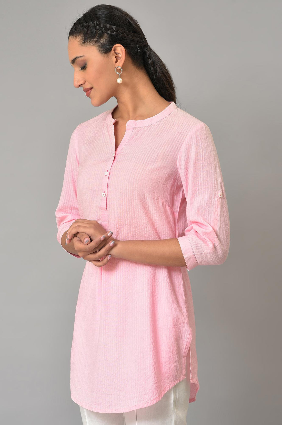 Pink Sheer Sucker Mandarin Collar kurta