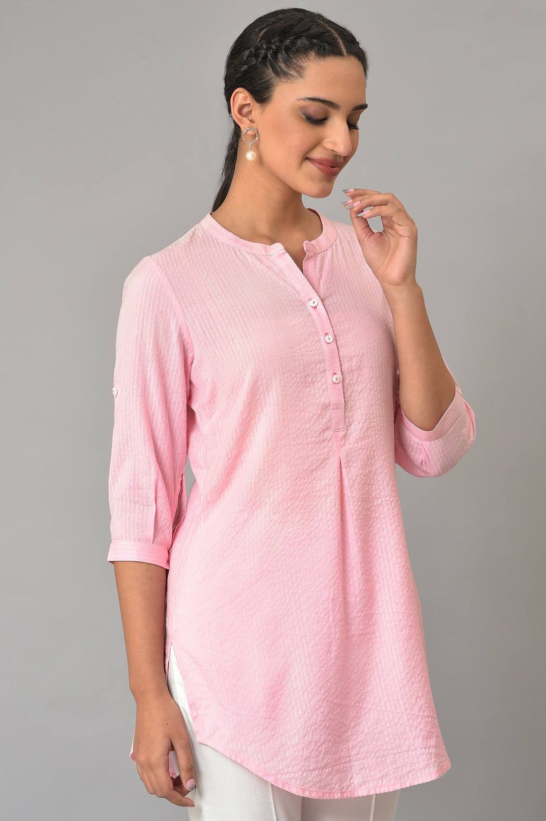 Pink Sheer Sucker Mandarin Collar kurta