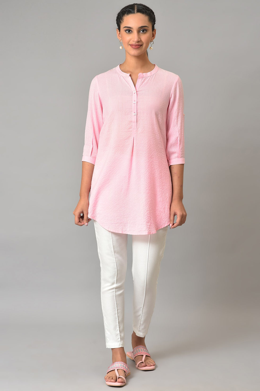Pink Sheer Sucker Mandarin Collar kurta