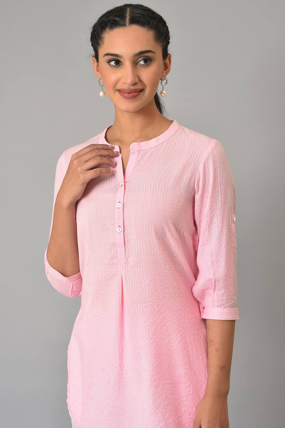 Pink Sheer Sucker Mandarin Collar kurta