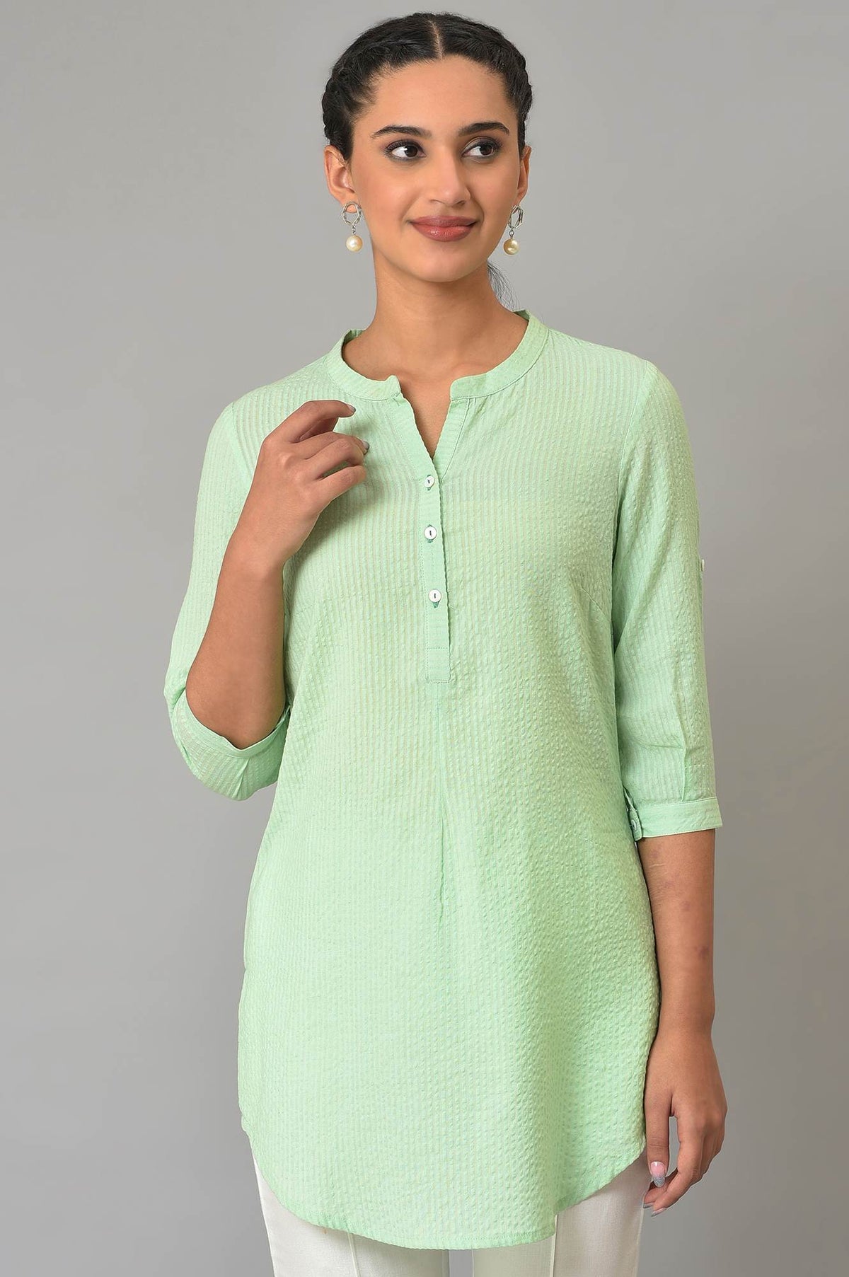Green Sheer Sucker Mandarin Collar kurta - XS