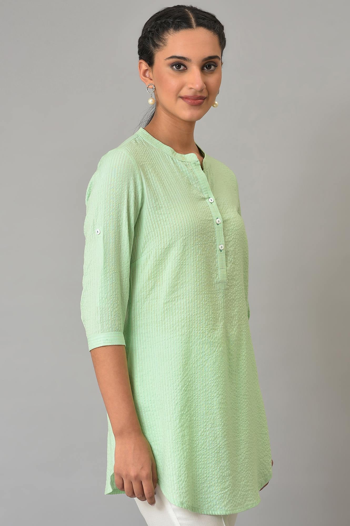 Green Sheer Sucker Mandarin Collar kurta